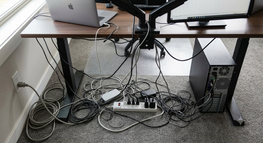 How I Completely Hid Every Cable Under My Standing Desk In 5 Minutes (For Under $25) before cable mess itxpertpro.jpg